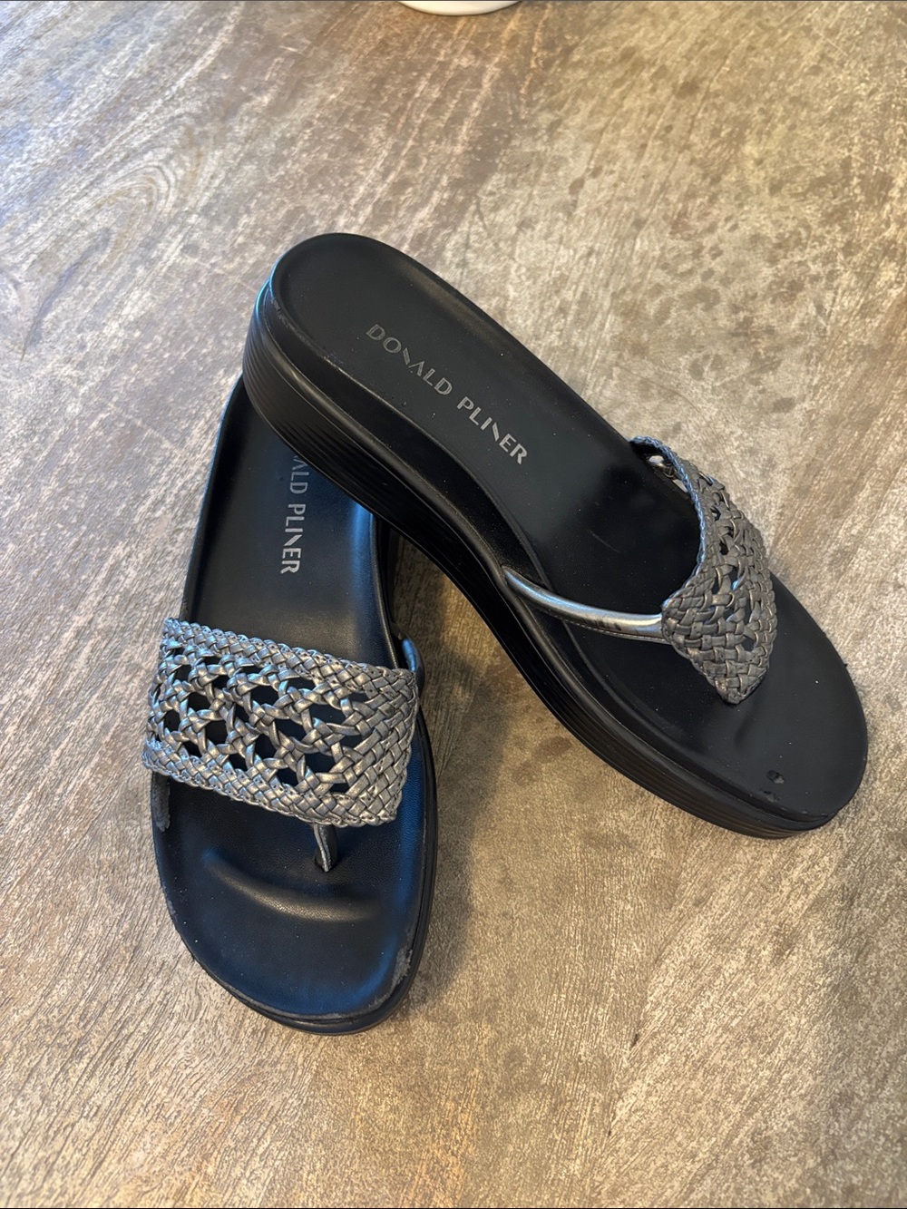 Donald J. Pliner Black Sandals with Silver Woven Straps